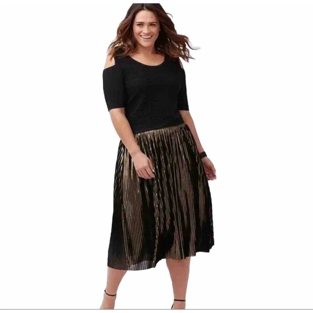 Lane Bryant Gold Black Pleated Midi Skirt Metallic Shimmer Elastic Waist‎ Party